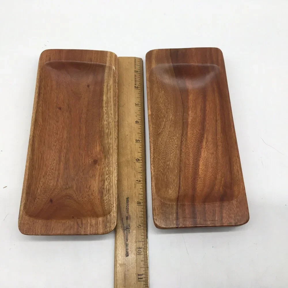 Vtg MCM 3 Hawaiian Kamani Carved Exotic Oblong Wood Bowls Scalloped 9” Divided
